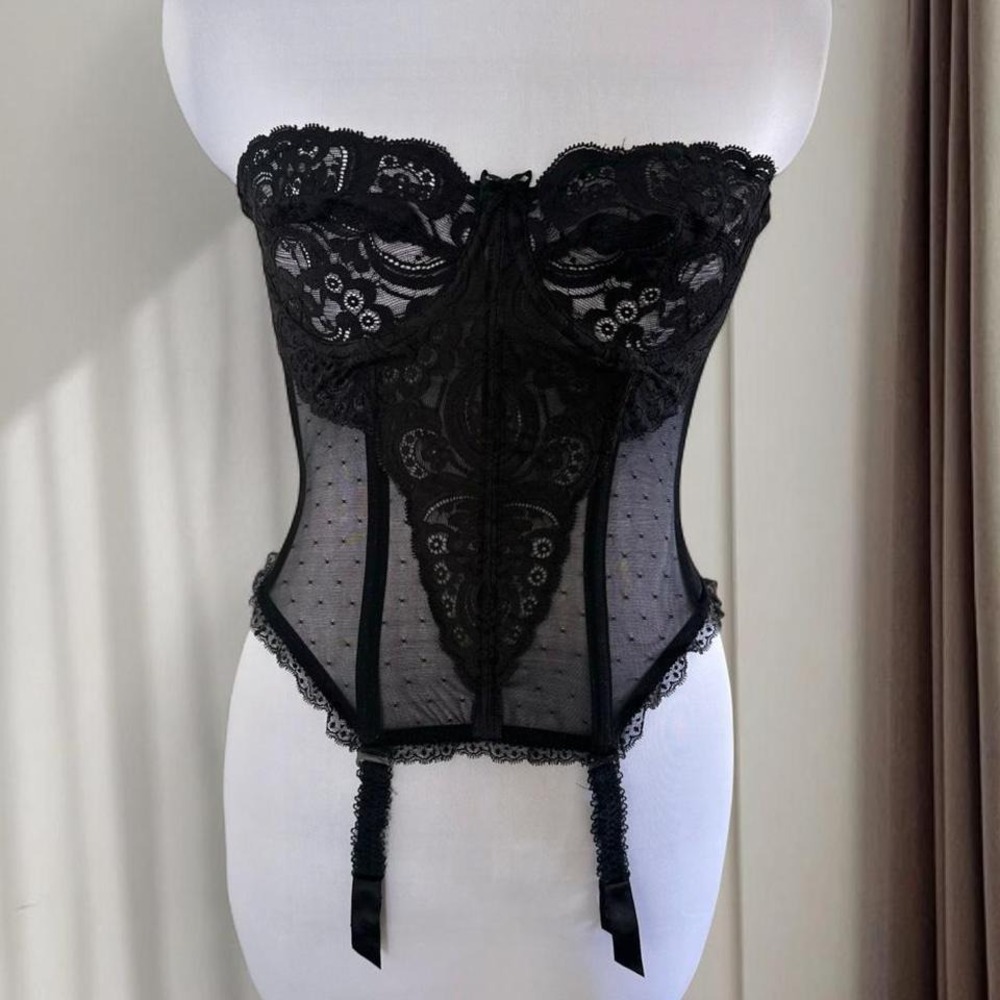 Vintage Victoria's Secret Gold Label Black Lace Swiss Dot Bustier Corset 34